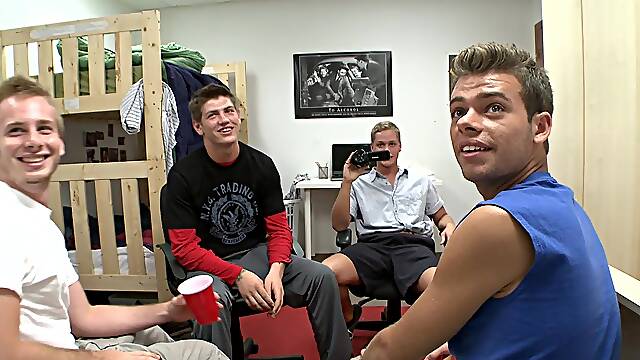 A student sucks dicks and gets fucked by other guys in a dorm