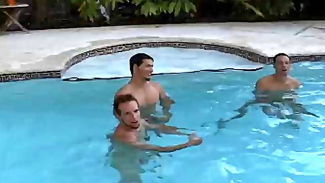 Wild gay guy with short red hair enjoying a hardcore gangbang