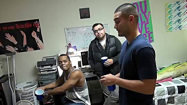 Chubby gay guy with short dark hair enjoying an awesome interracial fuck