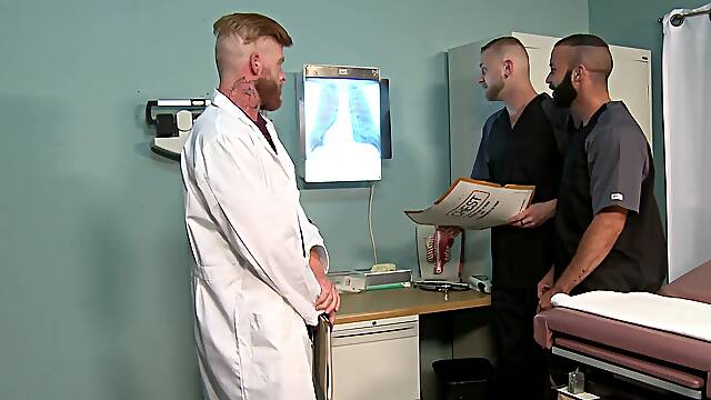 Gay threesome at the doctor's office with mature orderlies