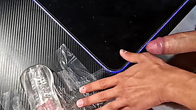 Sexy cum splashes in ropes on the smooth youthful body of the twink sissy whore