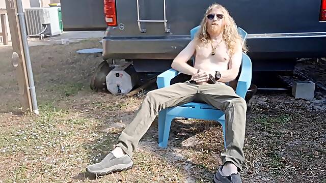 Post-holiday jerking off, butt play and shooting cum onto the lawn