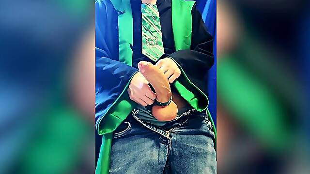 Slytherin male Takes out his large magic wand, and jerks him off cum hard -Hogwarts - harry potter