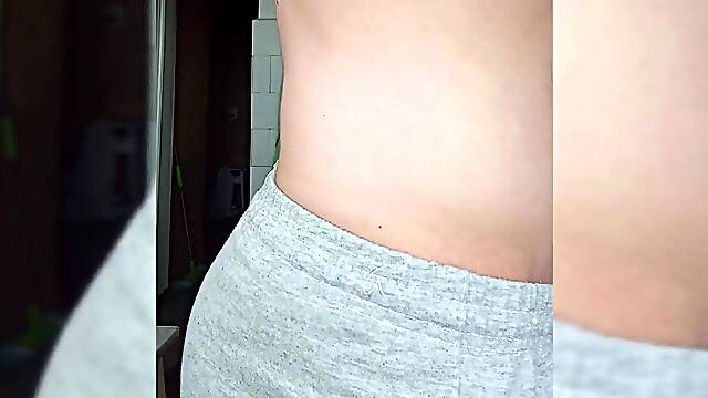 Chubby penis in gray shorts. Tugjob in the kitchen whilst preparing breakfast