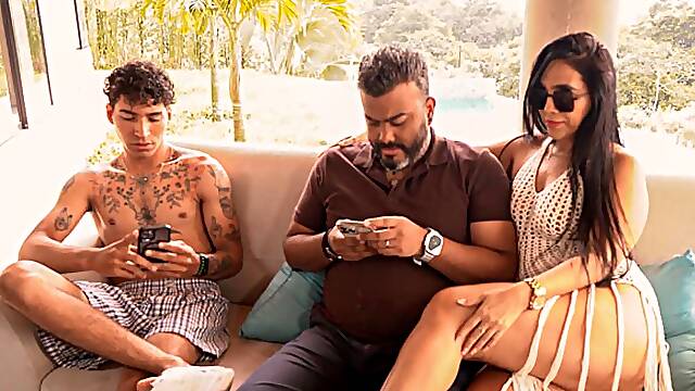 Barefaced stepmother bangs her stepson whilst her spouse goes out to take a call