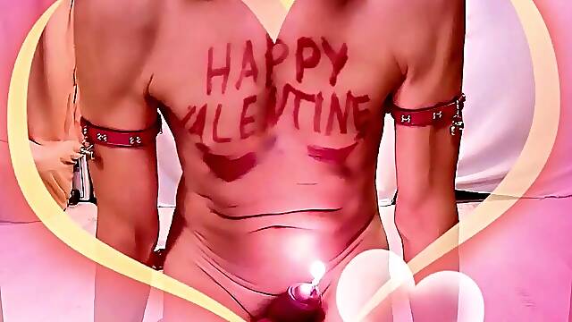 Exposed pathetic white serf pig, Valentine howdy and humiliating bodywriting on his homosexual booty, candle in uncut ramrod, CMNM