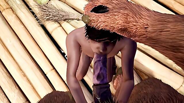 A fur monster screws a street cleaner in a fishing village