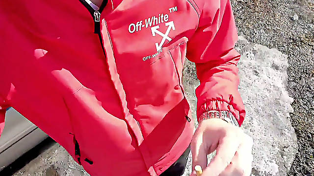 While the taxi DRIVER smokes a guy plumbs himself with a fake penis found in his car