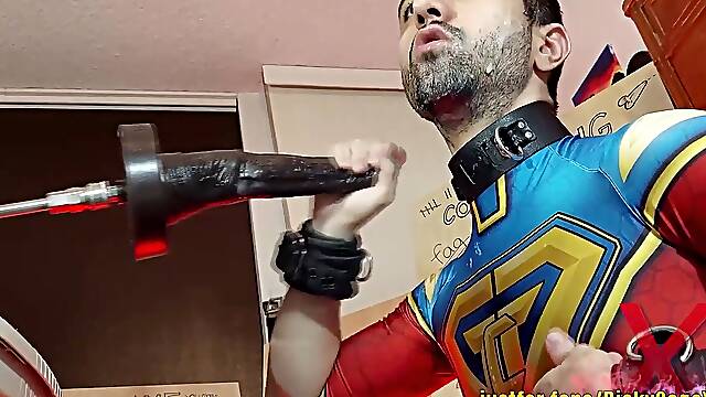 Superhero cock-pig goes backside-to-gullet on the CENTAUR dildo from Hankeys Toys