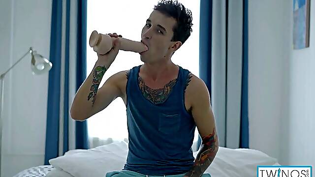 Tattooed Cutie Noah A Takes A Big Fat dildo Up His moist bootie!