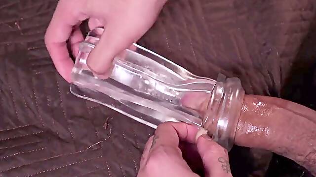 Gigantic wooly fuck-stick Daddy Fucking A Transparent Fleshlight And Filling It With Cum
