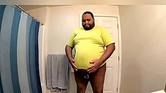 Half and half, a tight shirt and a cute bathroom and clean-shaved belly of course its gonna lead to some fun