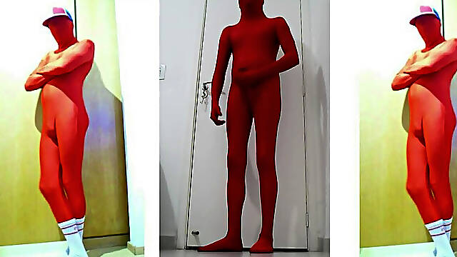 Joy At Home Wearing a crimson Zentai Costume Part 2
