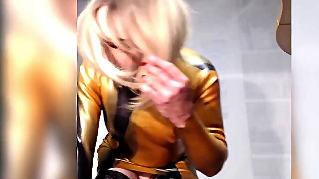 Hot Blonde in latex dress, ebony shoes, flashing pussy and transforms pussy into cock with cumshot