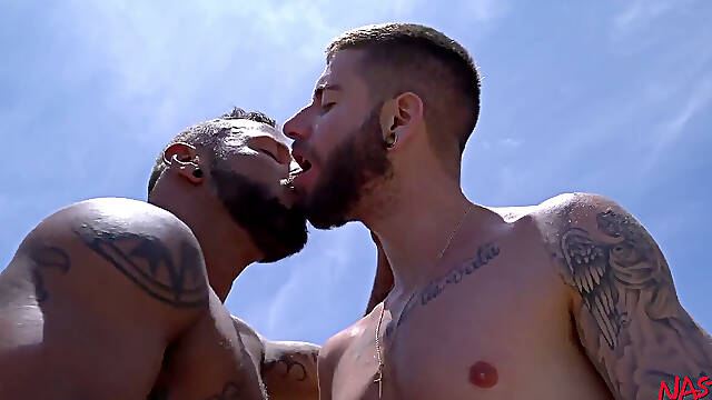 NastyDaddy rough Public pound And Creampie With Two tattooed Hunkies