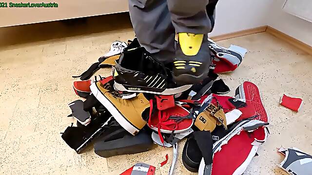 More cutting 7 pairs footwear (DC, Adidas, Puma), stomping and wanking all over them
