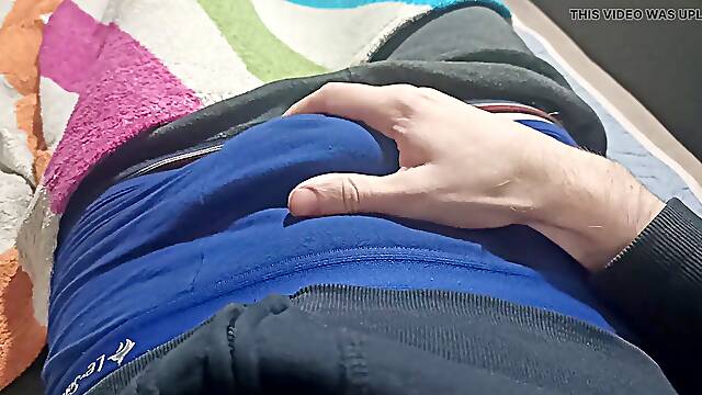 Fellow in blue undies plays with his salami, rubs his dick