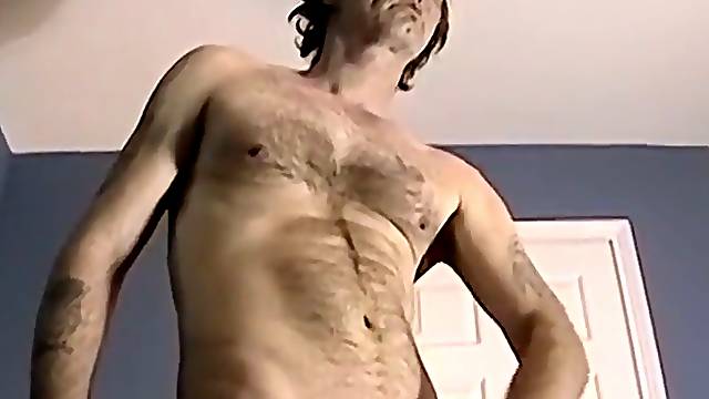 Senior man strips naked and jerks off solo for cum-shot on webcam