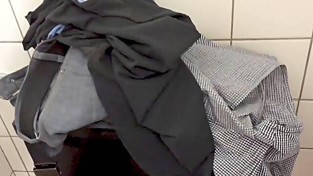 Peeing & spunking bare in public restroom