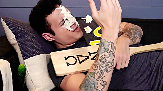 Prank results in rump spank and cock gargling for frat dude!