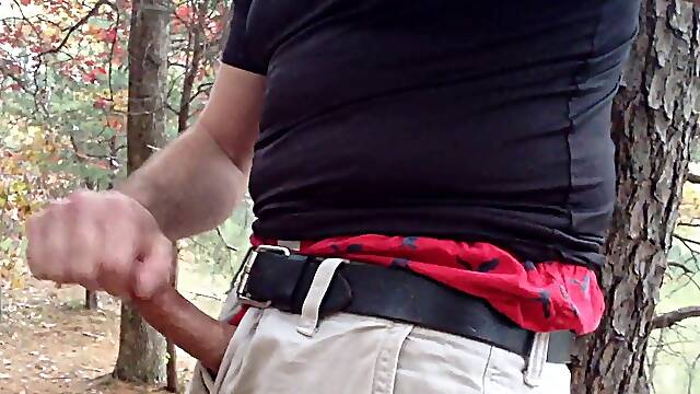 Boning my pud in the forest and nutting up against a tree. milking off by the water.