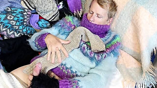 Sweater Fetish Mohair Angora soft pullovers and jumpers on a sweater sofa, leading to a meaty orgasm.
