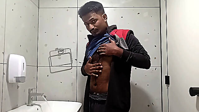 Indian Desi homosexual affixed to washroom
