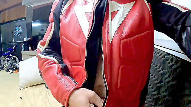 Leather suit cosplay, straight, undressing, masturbation, giant trouser snake, sexy cock