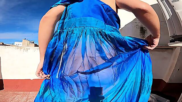 Doing workout in see-through dress in a public place