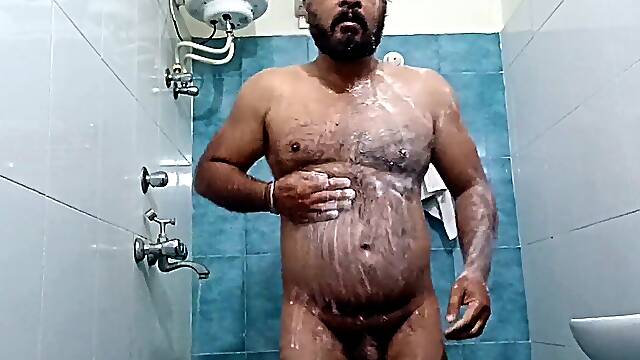Indian Nude Daddy Enjoying a Hot shower and displaying off His humid Body