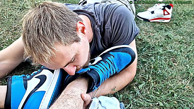 Marionette sniff, lick, aj4 red cement, aj1 unc, socks, punch scrotum