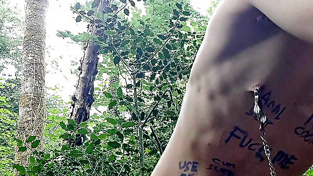 Fag sloppy gagging in public woods covered in own mess sissyfaggotbilly 