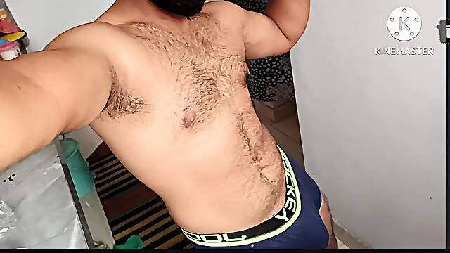 Indian Gym Trainer Showing his Hairy body bulge big cock and big ass in video call Underwear