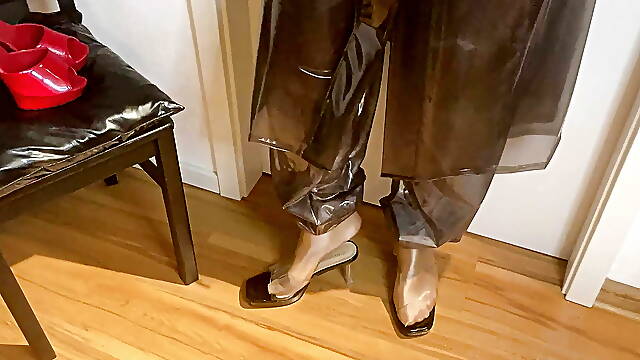 Red Mules Cum and Plastic Fetish Outfit