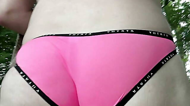 Bubble butt femboy walking in just panties on public trail