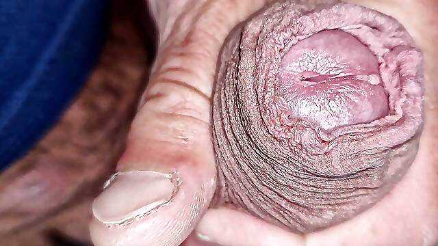 I play with wet glans, precum close-up with huge cumshot trying not to cum