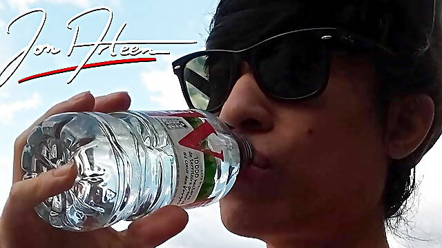 My first time nudist picnic, naked boy drinks water, eats salad on a naturist beach, men looks at him, maybe they would eat some