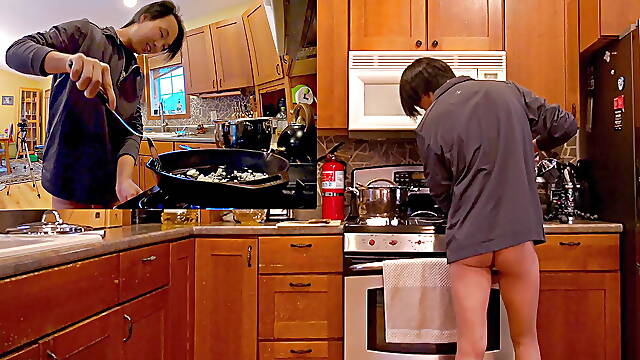 Secretly butt ass naked behind my subscribers back while filming a Youtube cooking video