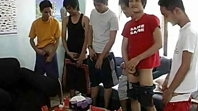 Asia twinks group tugging their unshaven dicks for cumshot