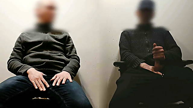 Caught older straight guy jerking off together with young gay neighbour ending up with huge creamy cumshots