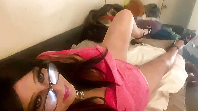 Krissy Sweets in pink lingerie and 8 inch heels spreads her legs for you and plays with her big...