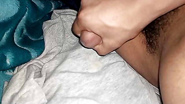 Horney Guy in sweatpants masturbates his big cock until she moans
