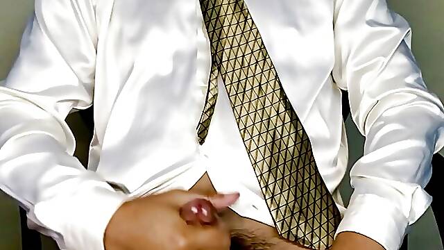 Masturbating in satin shirt and tie - Office - fetish - suit