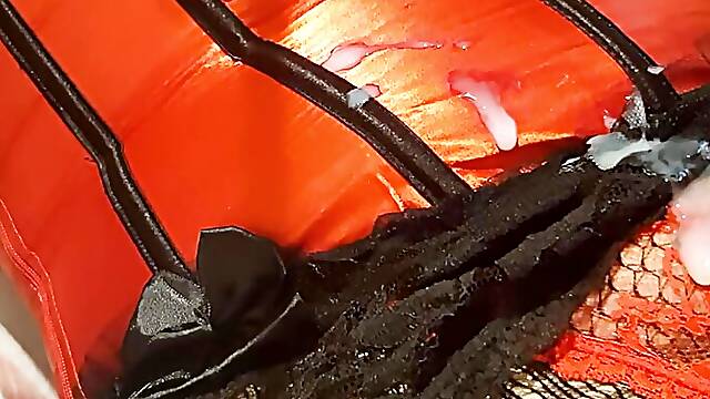 Crossdresser CorsetLoverCD wanks and cums in red sati corset