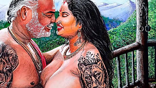 Erotic Art Or Drawing Of Sexy Desi Indian Woman in Honeymoon with Father in Law At an Exotic...