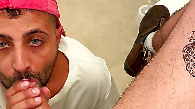 Grinder guy sucks my big dick in a public toilet