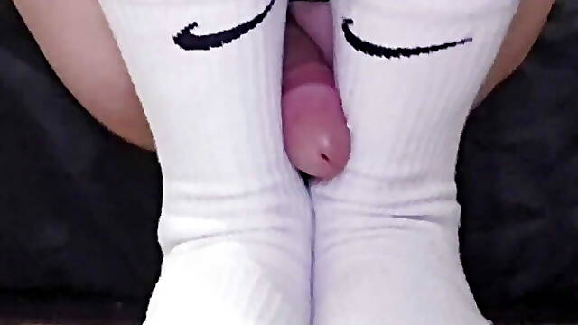 Self Sockjob and Cum in White Nike Elite Socks