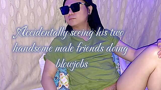 A straight guy accidentally saw his two hot and handsome male colleagues blowing a nice big cock