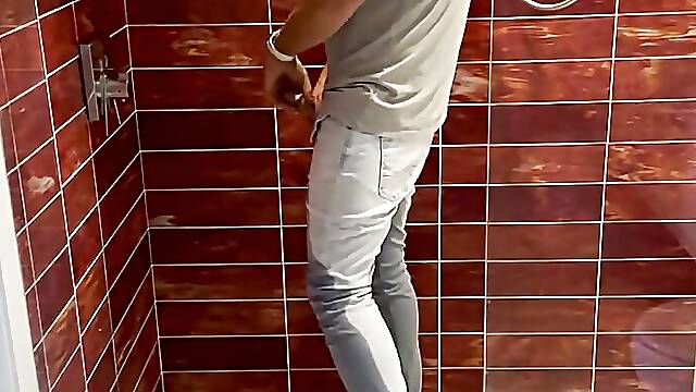 Barefoot in Jeans Pissing Myself and Showing Dick and Ball