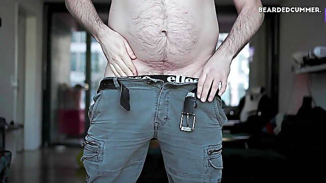 Geared up Hairy Penis Gets Jerked and Cums in Slomo